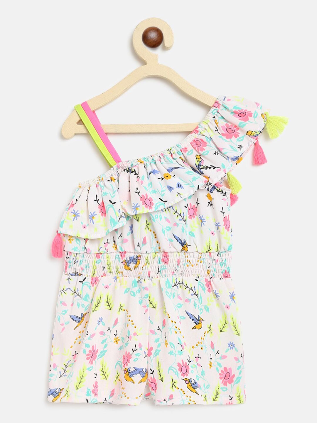 Nauti Nati Girls White & Pink Printed One Shoulder Jumpsuit With Tassels