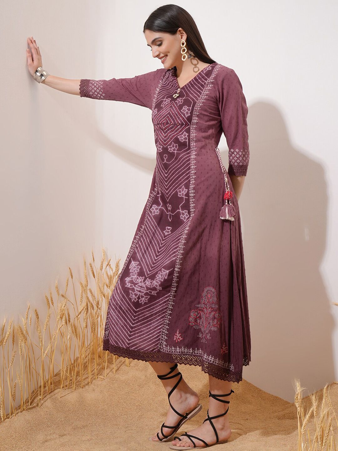 Vishudh Maroon Floral Printed Cotton  A-Line Midi Dress