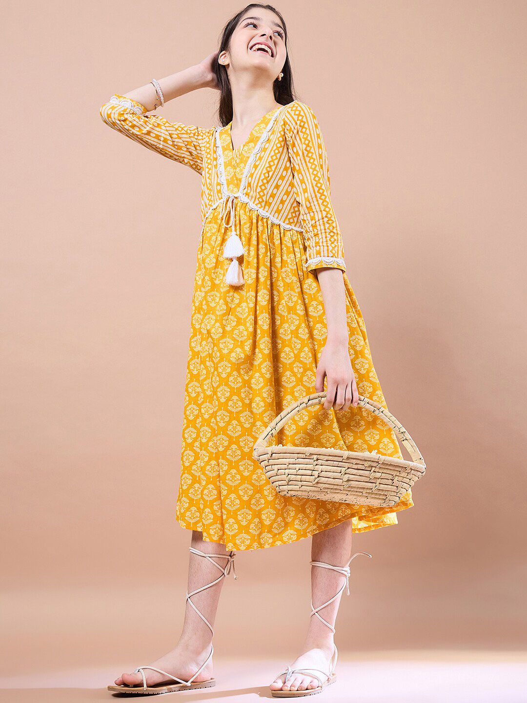 pspeaches Girls Ethnic Motifs Print Cotton V-Neck A-Line Midi Dress