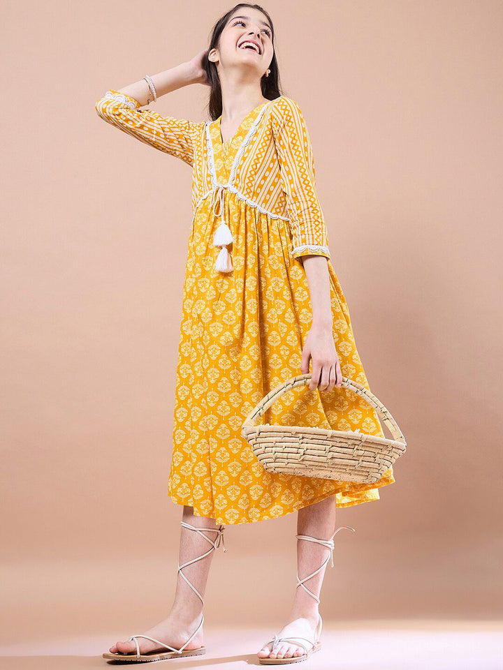 pspeaches Girls Ethnic Motifs Print Cotton V-Neck A-Line Midi Dress