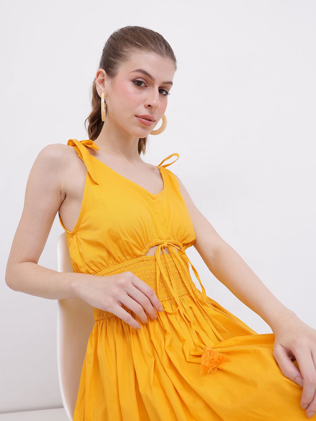 DressBerry Flattering Charm Cinched Smocked Waist Cut-Outs Bow Detailed A-line Mini Dress