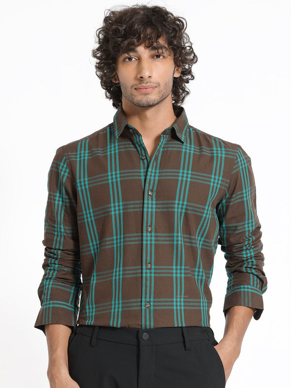 RARE RABBIT Men Brown Slim Fit Tartan Checks Checked Cotton Casual Shirt