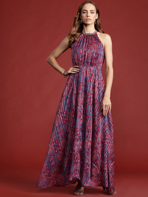 all about you Ethnic Motifs Printed Lurex Stripe Georgette Maxi Dress