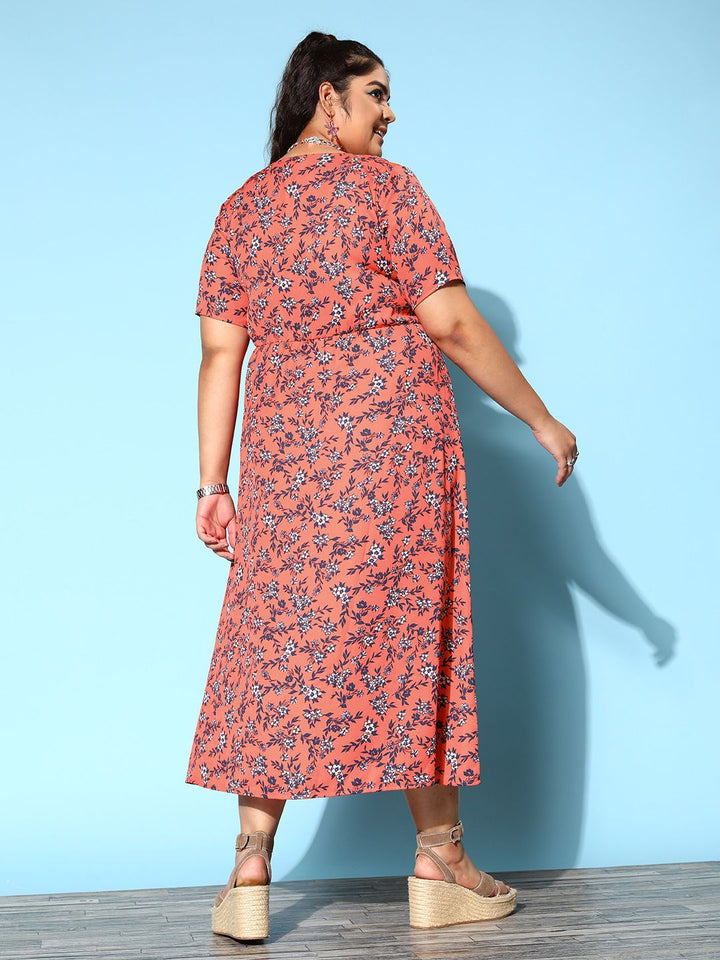 Berrylush Curve Women Bright Orange Floral New Neckline Dress
