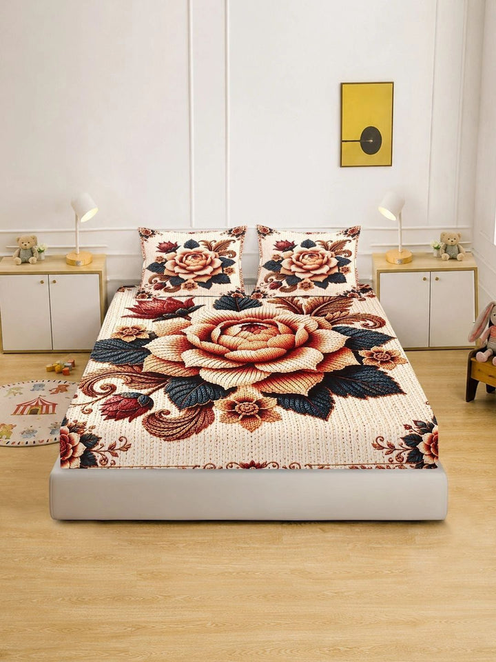 KLOTTHE Berwarna Krim & Bunga Merah 400 TC Cadar King dengan 2 Sarung Bantal