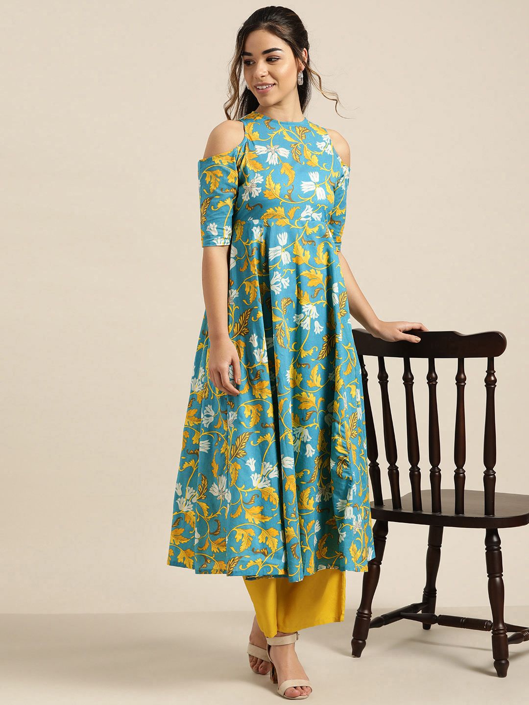 Shae by SASSAFRAS Women Blue & Mustard Yellow Printed Off-Shoulder Anarkali Kurta