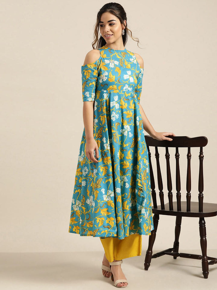 Shae by SASSAFRAS Women Blue & Mustard Yellow Printed Off-Shoulder Anarkali Kurta