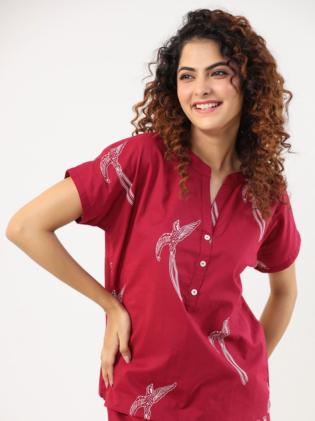 SANSKRUTIHOMES Conversational Printed Mandarin Collar Pure Cotton Night suit