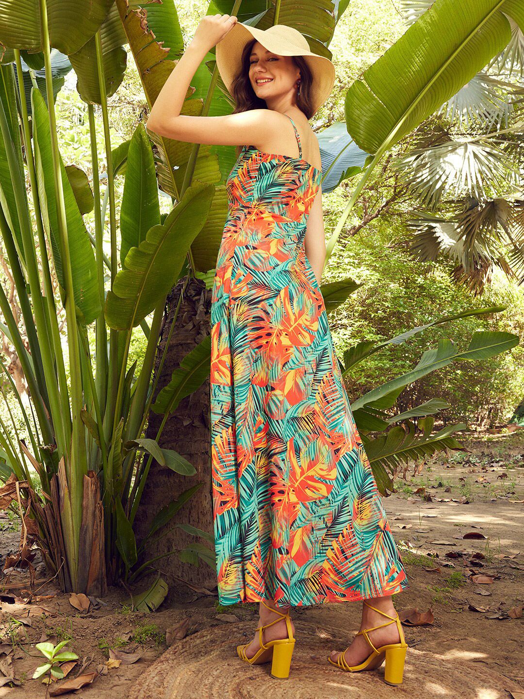 STREET 9 Tropical Printed Sleeveless Crepe Maxi Dress