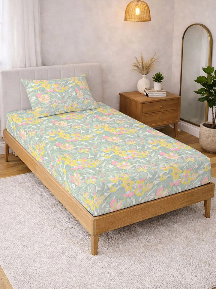Myntra Elegant Homes Green & Pink Floral 300 TC Single Bedsheet with 1 Pillow Covers