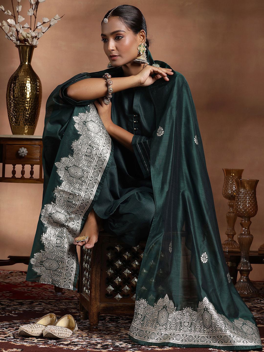 Libas Mandarin Collar Zari Straight Kurta With Salwar & Dupatta