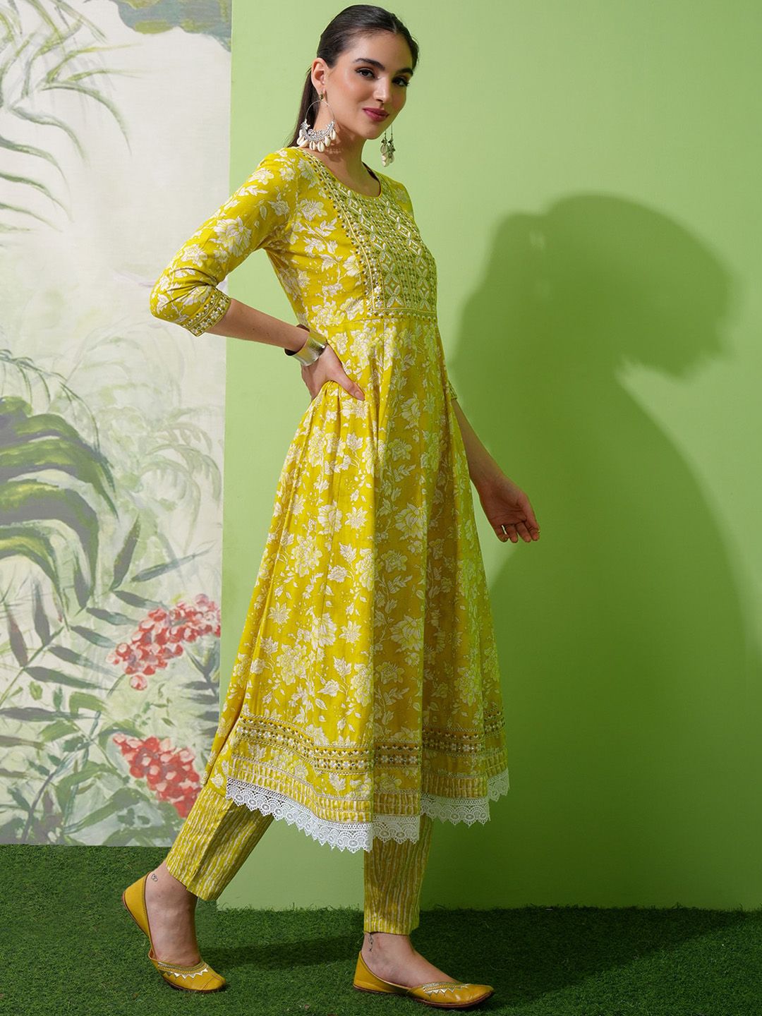 Vishudh Olive Green Printed Thread Work Pure Cotton Anarkali Kurta With Trousers & Dupatta