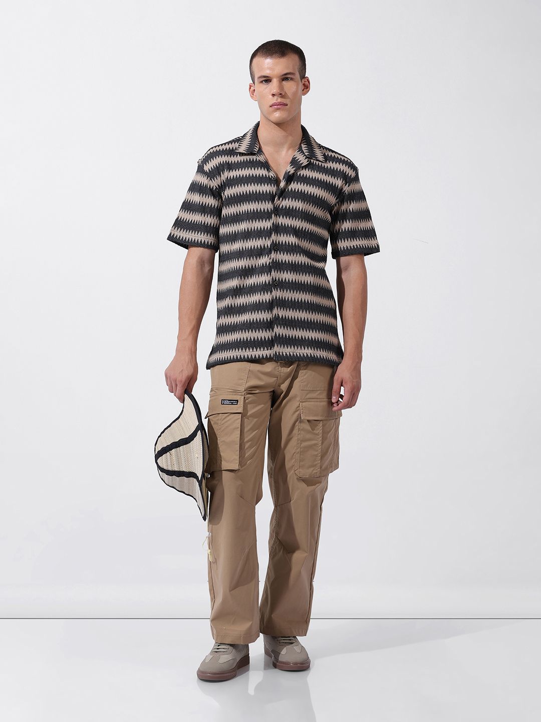 The Indian Garage Co Men Relaxed Fit Textured Crochet Knit Resort Wear Shirt
