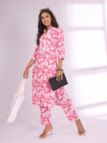 Varanga Pink Floral Printed Mandarin Collar Pure Cotton Kurta with Trousers