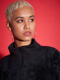 SASSAFRAS Black Mock Collar Faux Fur Trim Detail Bomber Jacket