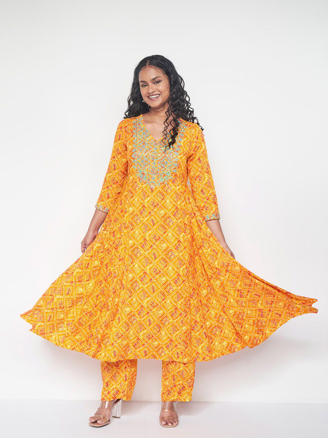 Global Desi Bandhani Printed Thread Work Kurta with Trousers