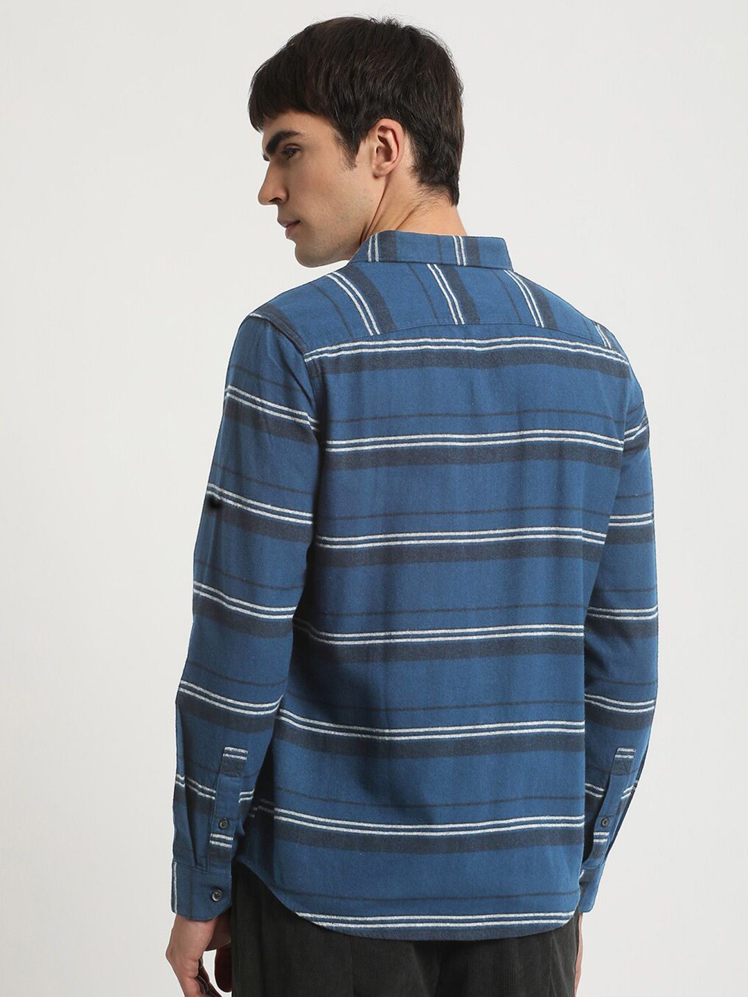 THE BEAR HOUSE Slim Fit Horizontal Striped Flannel Weave Pure Cotton Casual Shirt