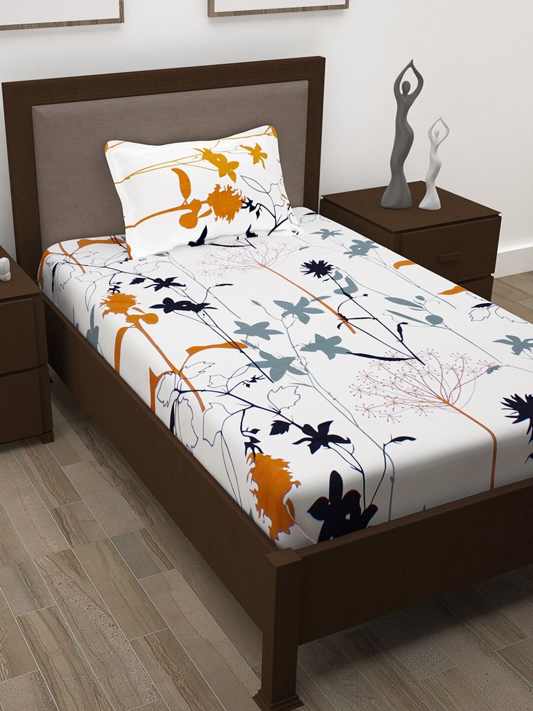Story@home Mustard & White Floral 186 TC Pure Cotton Single Bedsheet With 1 Pillow Covers