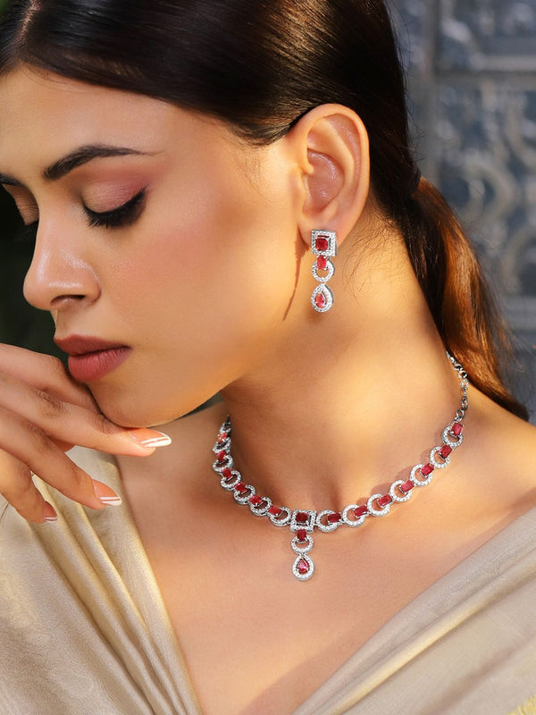 Rubans Rhodium-berlapis Ruby Pink Ad & Cubic Zirconia Studded Classic Necklace Set
