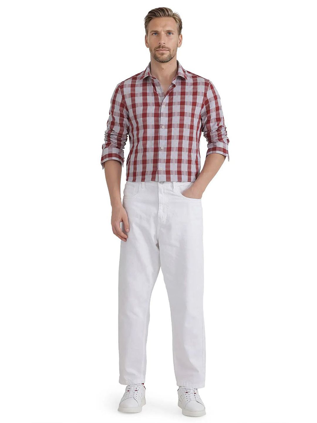 RARE RABBIT Comfort Spread Collar Checked Pure Cotton Casual Shirt