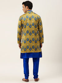 SOJANYA Men Blue & Green Solid Kurta with Churidar & Jacket