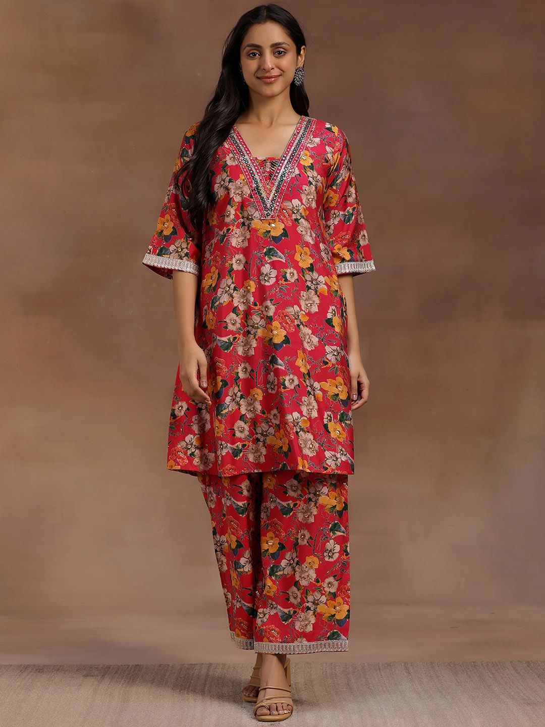 Libas Pink Floral Printed Tunic With Palazzo