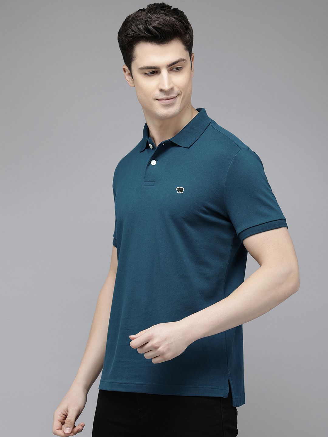 THE BEAR HOUSE Men Blue Polo Collar Applique Slim Fit T-shirt