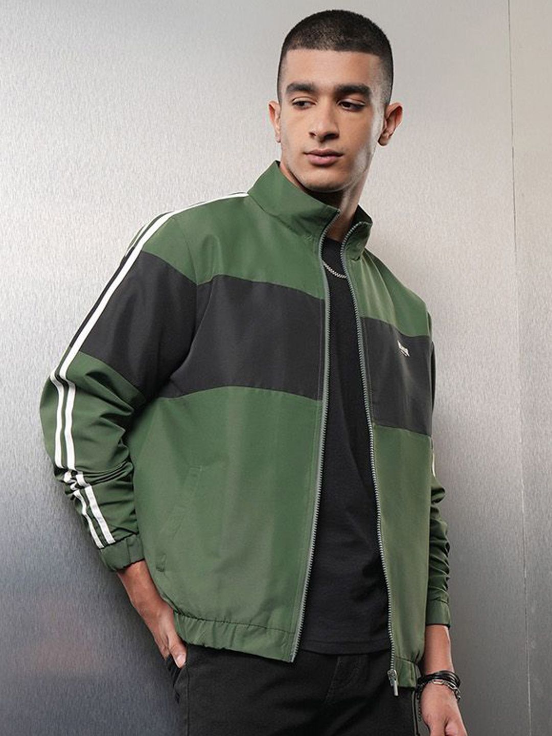 HIGHLANDER Men Colourblocked Crop Bomber with Patchwork Jacket