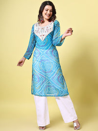KALINI Bandhani Printed Round Neck Gotta Patti Georgette Straight Kurta