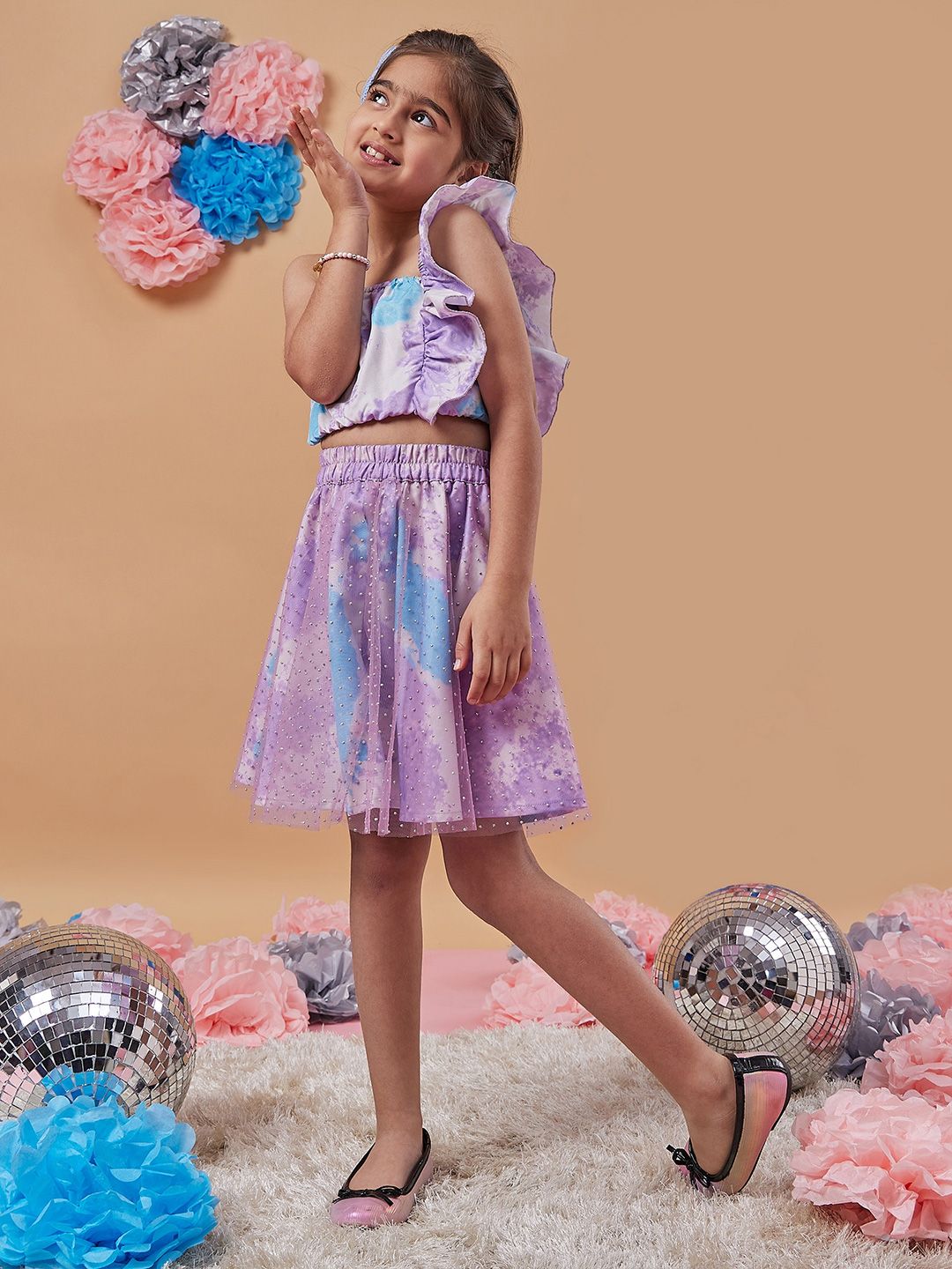 pspeaches Girls Shoulder Straps Printed Top With Skirt