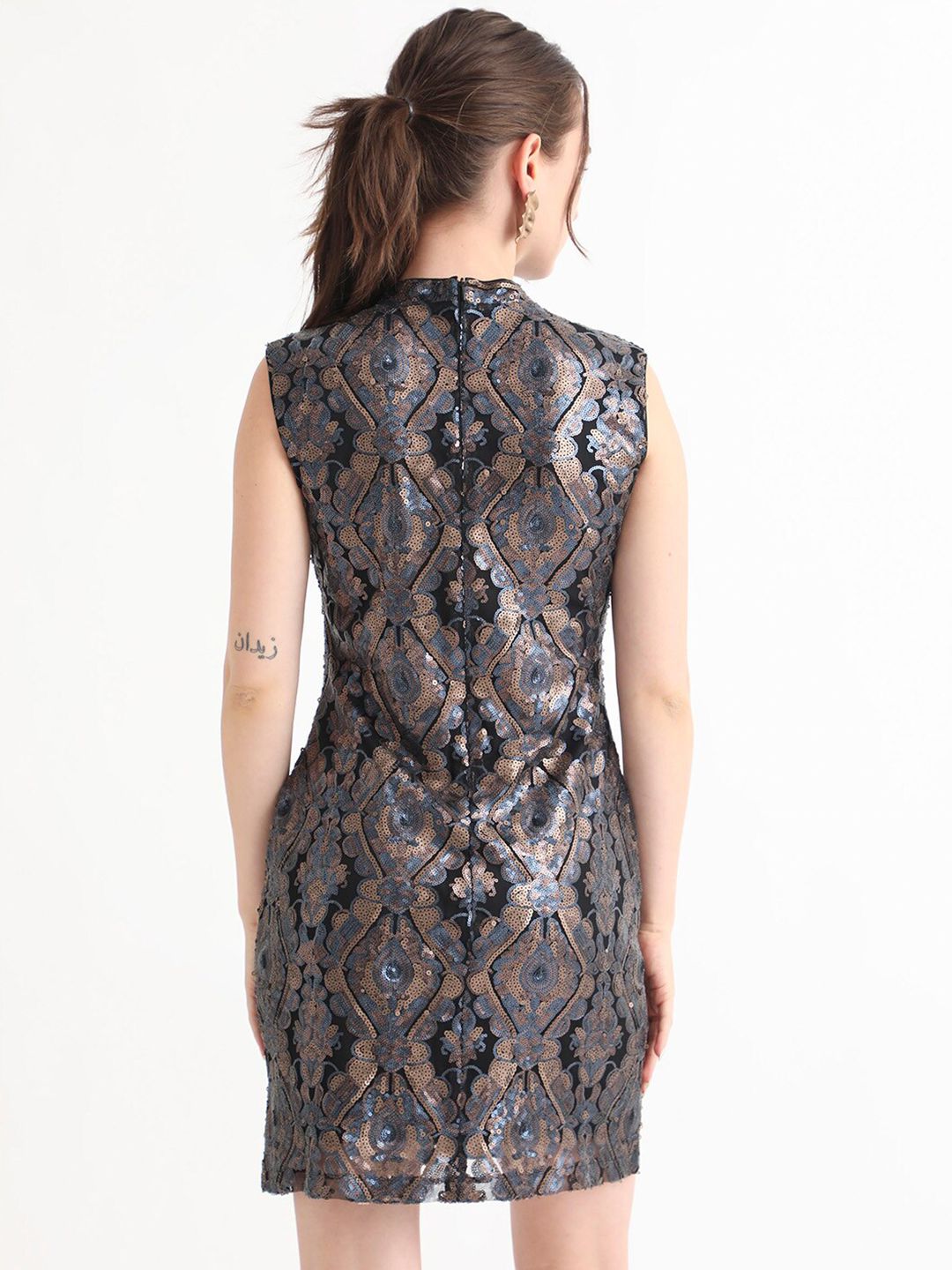 RAREISM High Neck Sleeveless Sequin Embellished Sheath Above Knee Dress