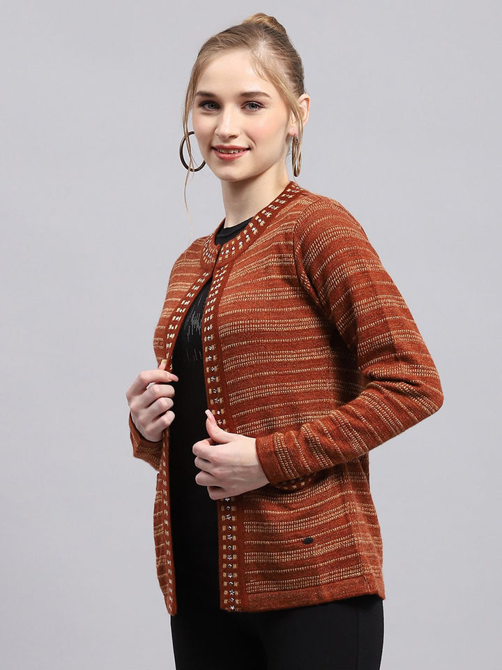 Monte Carlo Self Striped Front Open Cardigan Sweater With Embellished Detail
