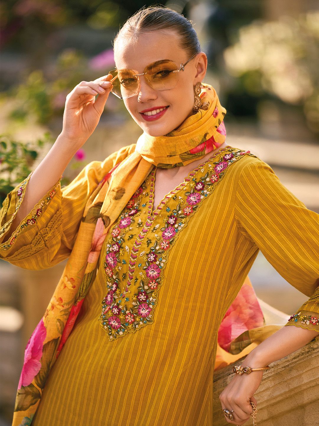 Indo Era Striped Thread Work Pure Cotton Bell Sleeves Straight Kurta & Trousers & Dupatta