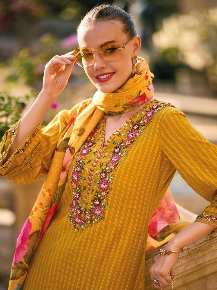Era Indo Berjalur Benang Berfungsi Lengan Loceng Kapas Tulen Kurta Lurus &amp; Seluar &amp; Dupatta