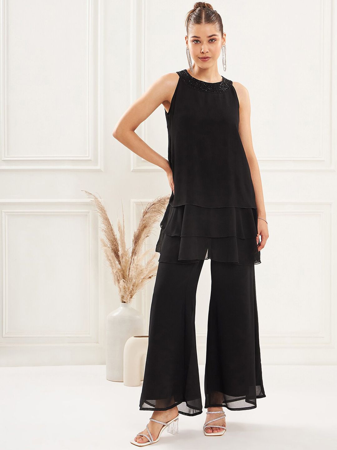 Antheaa Embellished Georgette Top & Palazzo