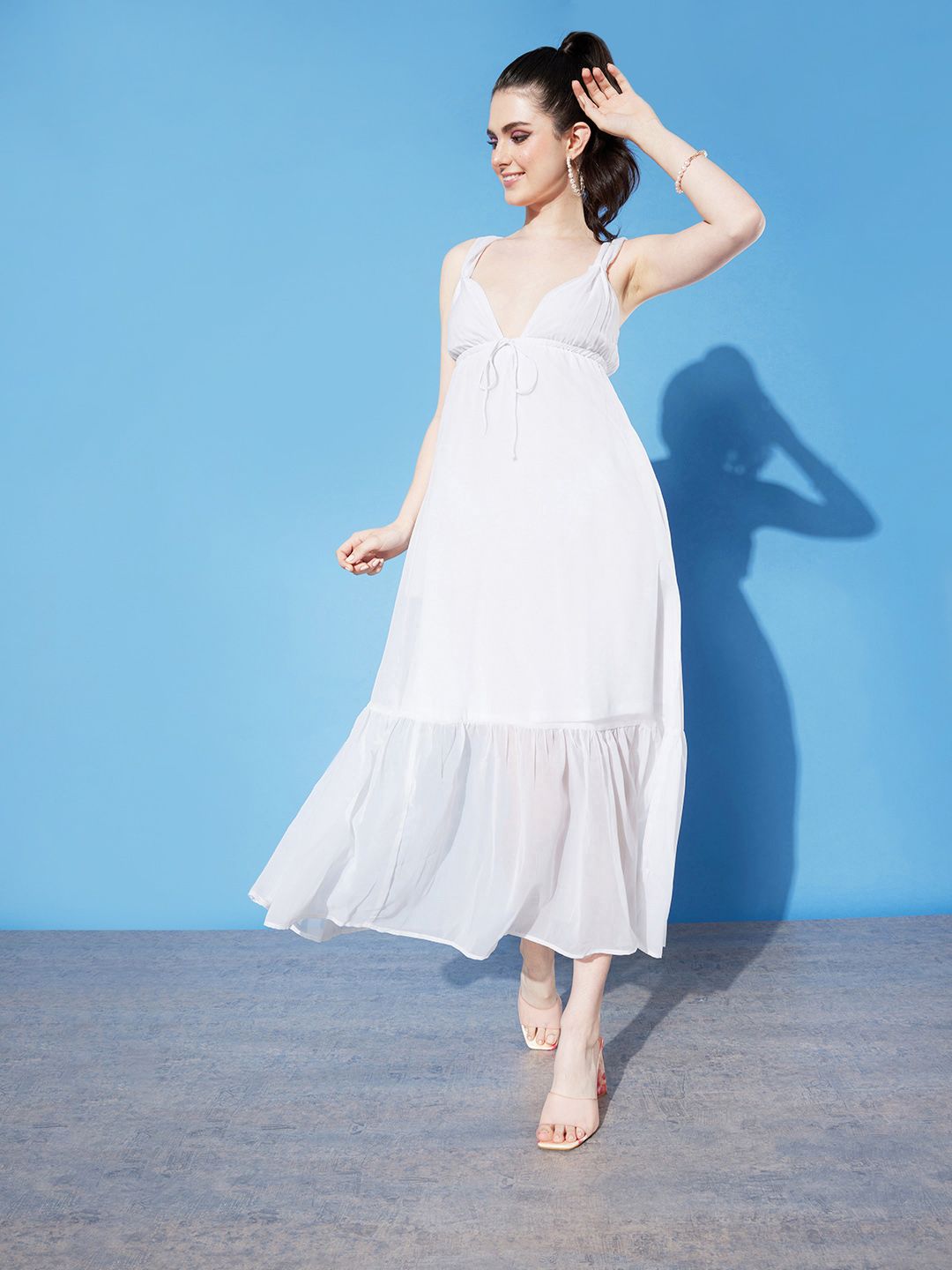 DressBerry Solid Sleeveless Maxi Dress With Gathers Detail