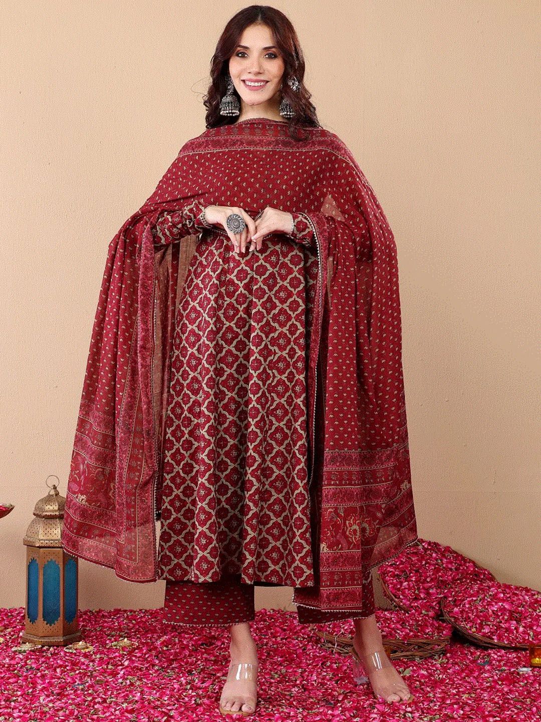 KALINI Ethnic Motifs Printed V-Neck Anarkali Kurta With Trousers And Dupatta