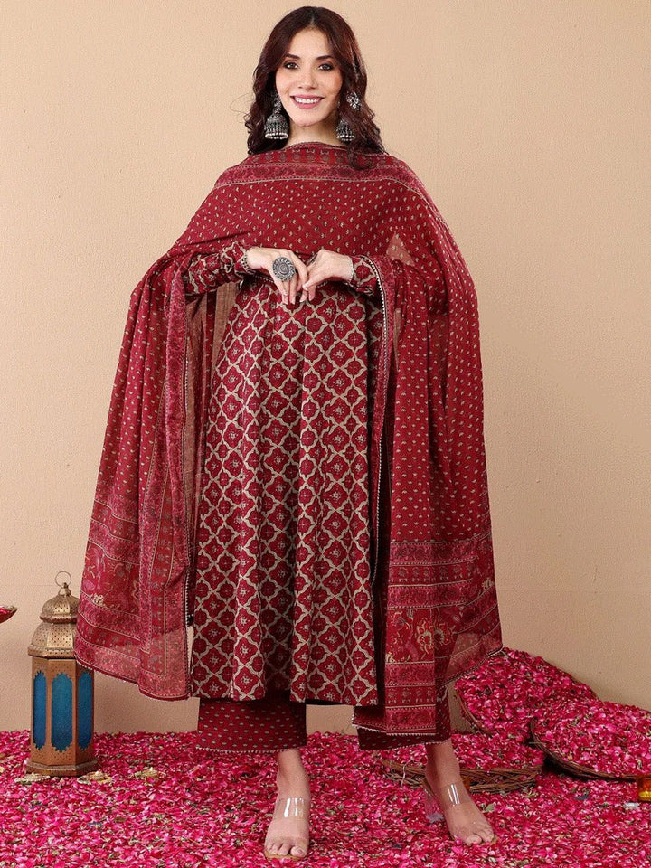 KALINI Ethnic Motifs Printed V-Neck Anarkali Kurta With Trousers And Dupatta