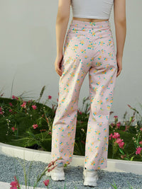 Berrylush Women Pink Floral Printed Relaxed Straight Leg Straight Fit High-Rise Trousers