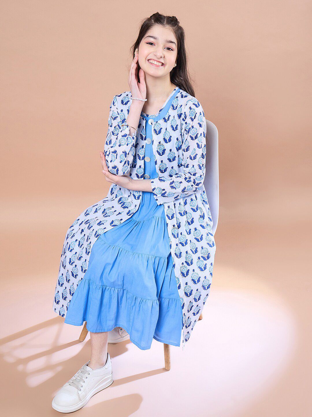 pspeaches Girls Floral Print Round Neck Sleeveless Tiered Midi Fit & Flared Cotton Dress