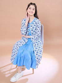 pspeaches Girls Floral Print Round Neck Sleeveless Tiered Midi Fit & Flared Cotton Dress