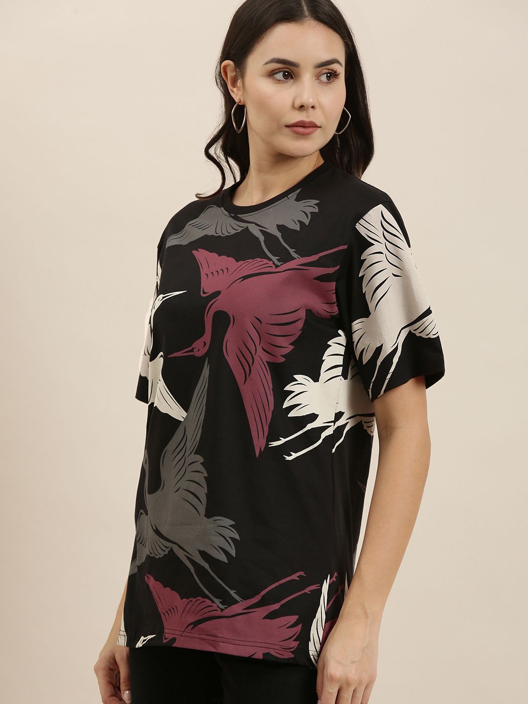 Difference of Opinion Women Black Conversational Printed Pure Cotton Oversized T-shirt