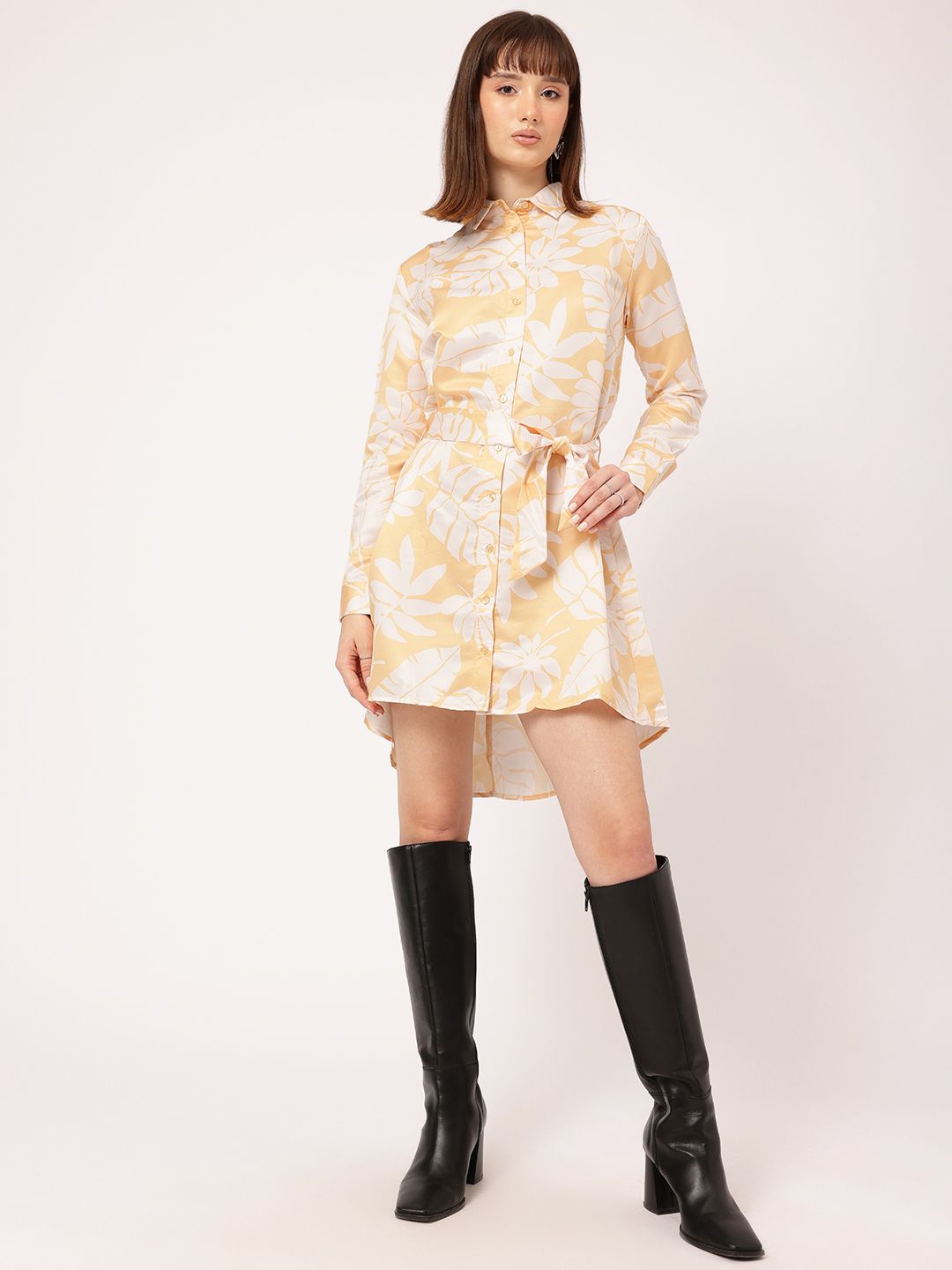 DressBerry Charming Lush Tropical Printed Belted Shirt Style Dress