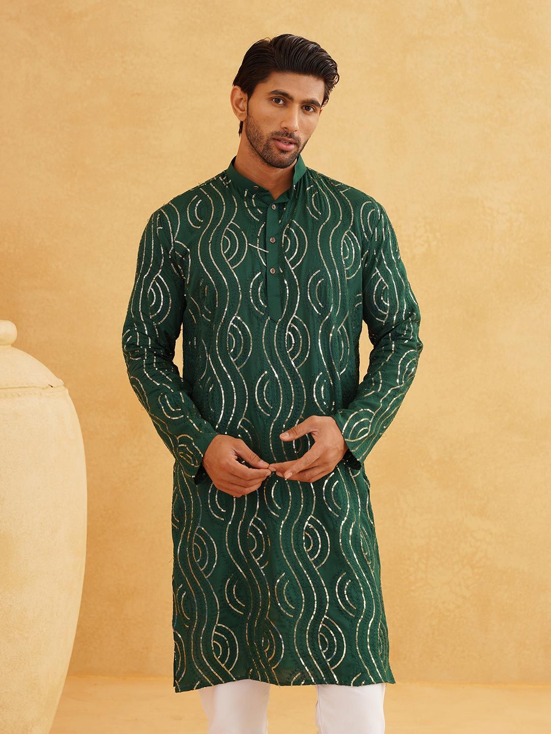SOJANYA Mandarin Collar Sequined Pure Cotton Kurta