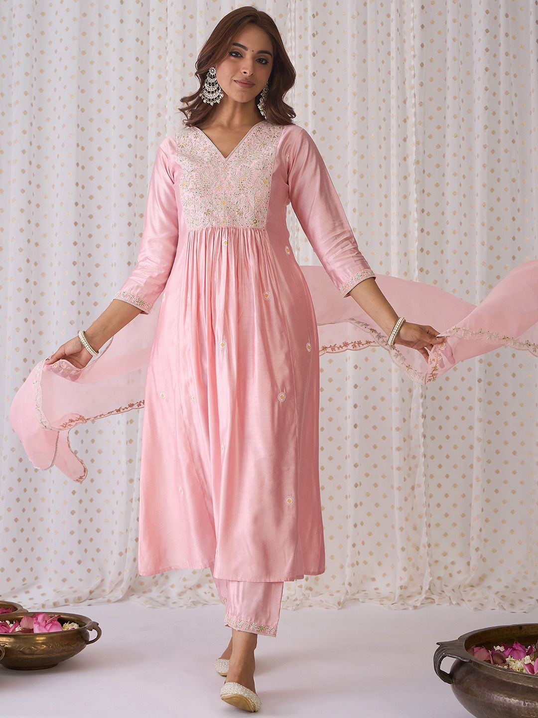 Indo Era Pink Ethnic Motifs Embroidered Aari Work Kurta with Trousers & Dupatta