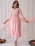 Indo Era Pink Ethnic Motifs Embroidered Aari Work Kurta with Trousers & Dupatta