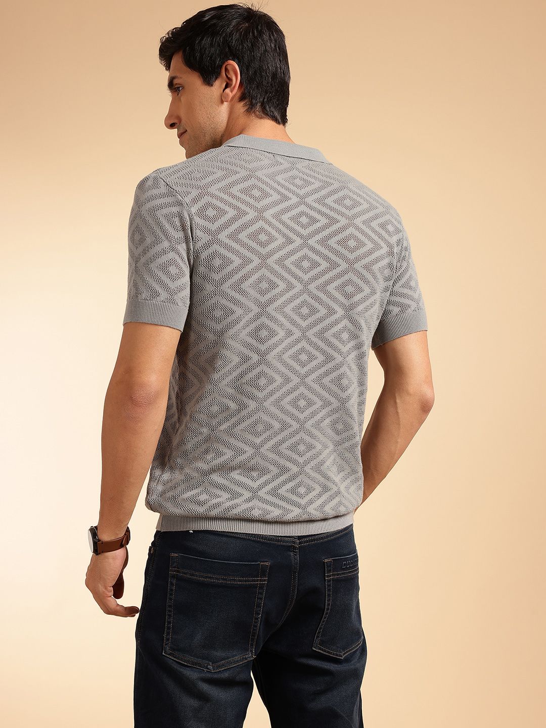French Connection Geometric Self Design Polo Collar Pure Cotton T-shirt