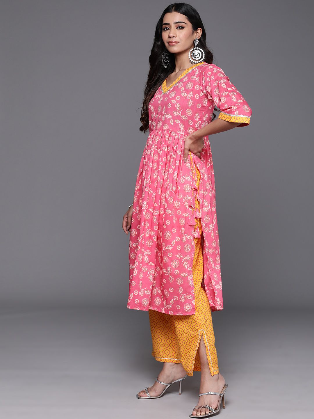Libas Floral Printed Pleated Gotta Patti Pure Cotton Kurta with Trousers & Dupatta