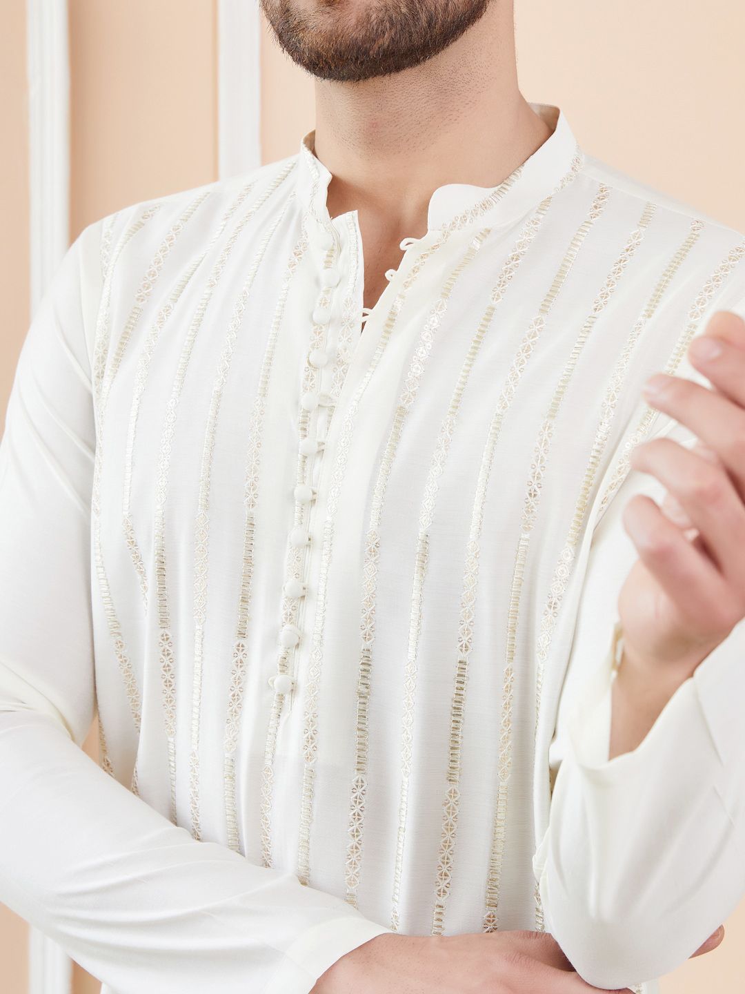 See Designs Mandarin Collar Striped Thread Work Chanderi Silk Straight Kurta