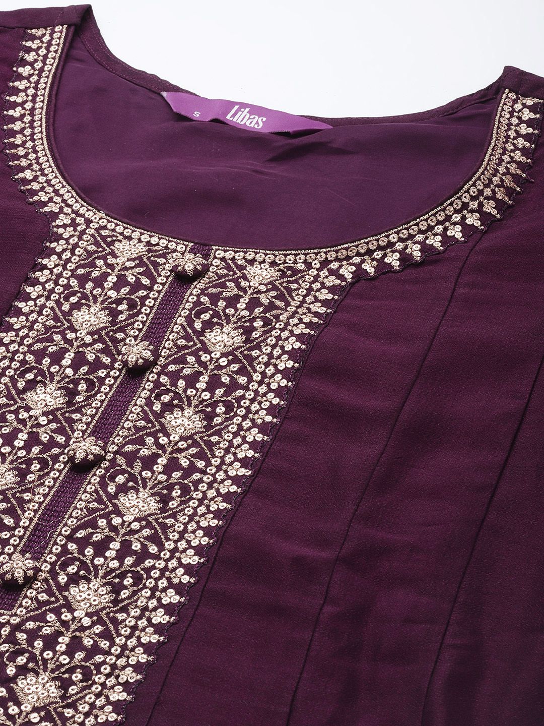 Libas Women Burgundy Floral Motifs Embroidered Sequinned Kurta with Churidar & Dupatta
